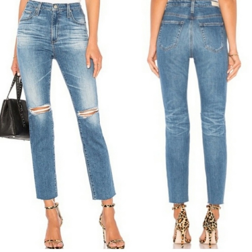 AG high rise straight crop jeans ripped knees